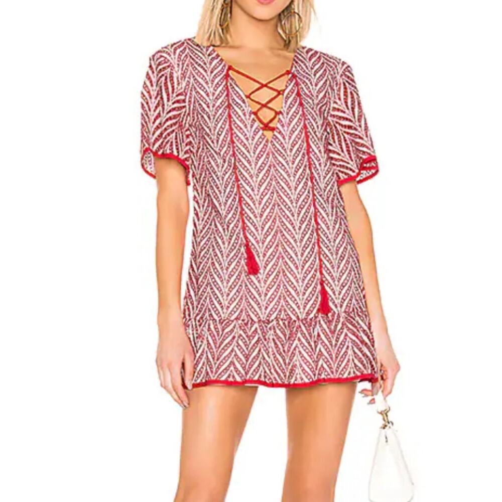 Lovers + Friends Kayden Mini Dress Small Red Embroidered Eyelet Flounce Lace Up